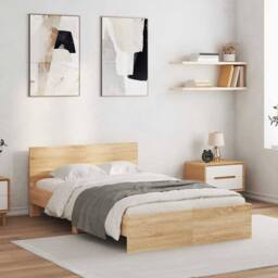 Berkfield Home Durable Bed Frame with Headboard & LED Sonoma Oak 140x190 cm in Light Brown - thumbnail 4