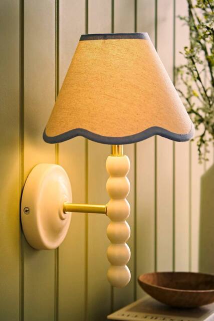 ValueLights Bobbins Cream Bobble Wall Light with Trim Linen Lamp Shade & Bulb in Baby Blue - image 1