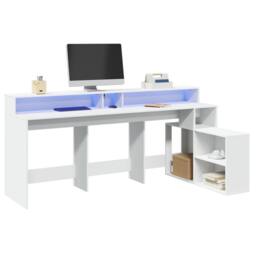 Berkfield Home Desk with LED Lights White 200x104x91 cm Engineered Wood - Size: 200 x 104 x 91 cm - thumbnail 2