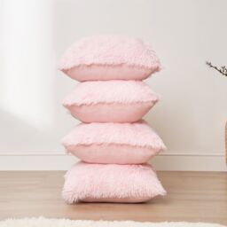 OHS Set of 4 Fluffy Shaggy Filled Cushion with Cover Square in Light Pink - Size: 45 cm x 45 cm