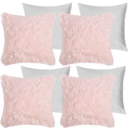 OHS Set of 4 Fluffy Shaggy Filled Cushion with Cover Square in Light Pink - Size: 45 cm x 45 cm - thumbnail 3