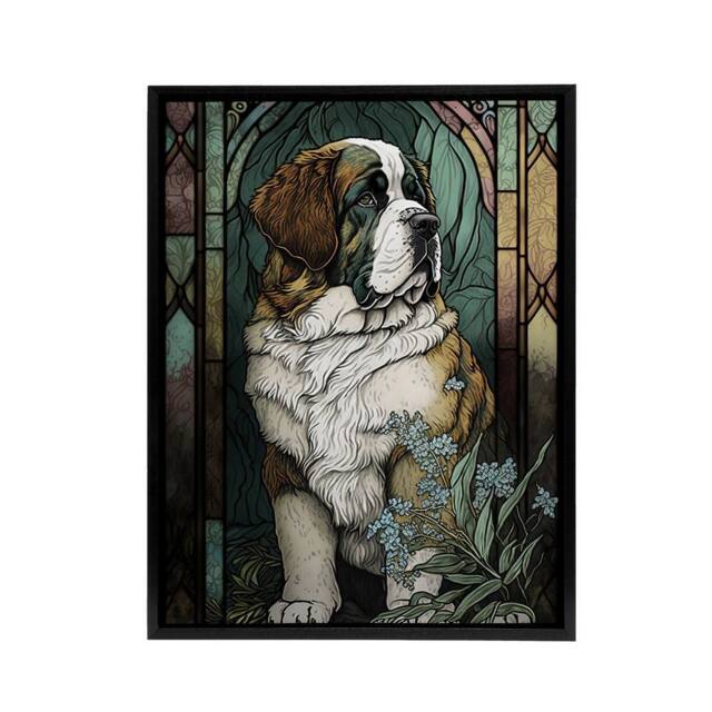 "Artery8 St Bernard Dog Floral Modern Art Nouveau Framed Canvas Wall Art Print - Size: W12"" x H16""" - image 1