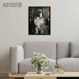 "Artery8 St Bernard Dog Floral Modern Art Nouveau Framed Canvas Wall Art Print - Size: W12"" x H16""" - thumbnail 3