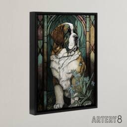 "Artery8 St Bernard Dog Floral Modern Art Nouveau Framed Canvas Wall Art Print - Size: W12"" x H16""" - thumbnail 2