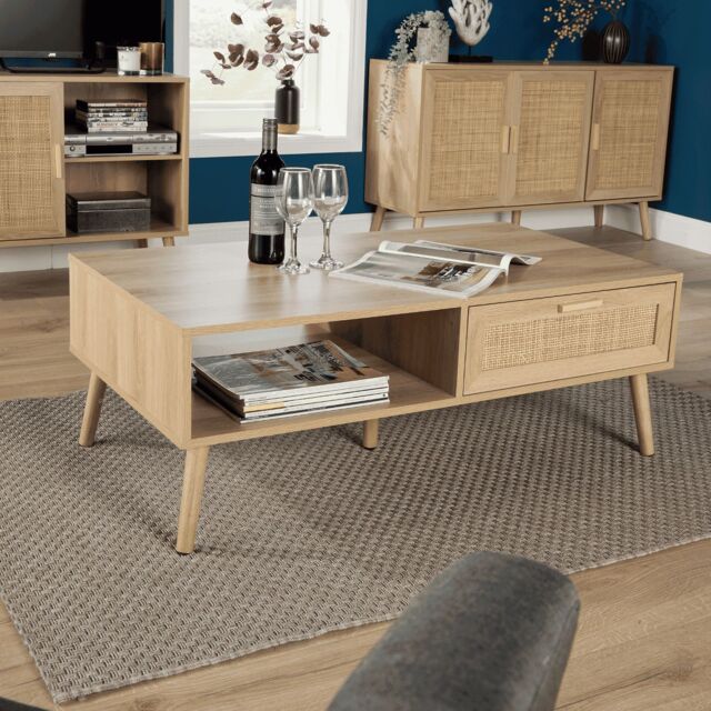 Home Source Coffee Table Rattan Front Drawer Open Shelf Solid Wooden Legs in Natural - image 1