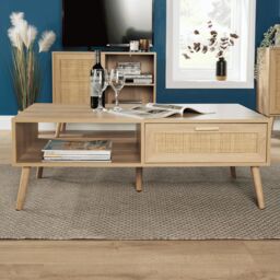 Home Source Coffee Table Rattan Front Drawer Open Shelf Solid Wooden Legs in Natural - thumbnail 2