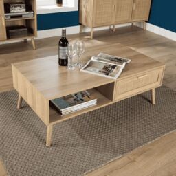 Home Source Coffee Table Rattan Front Drawer Open Shelf Solid Wooden Legs in Natural - thumbnail 3