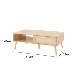 Home Source Coffee Table Rattan Front Drawer Open Shelf Solid Wooden Legs in Natural - thumbnail 9