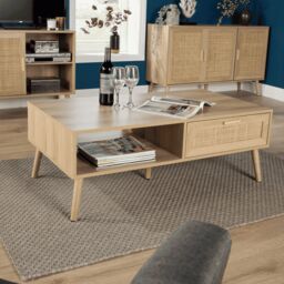 Home Source Coffee Table Rattan Front Drawer Open Shelf Solid Wooden Legs in Natural - thumbnail 1