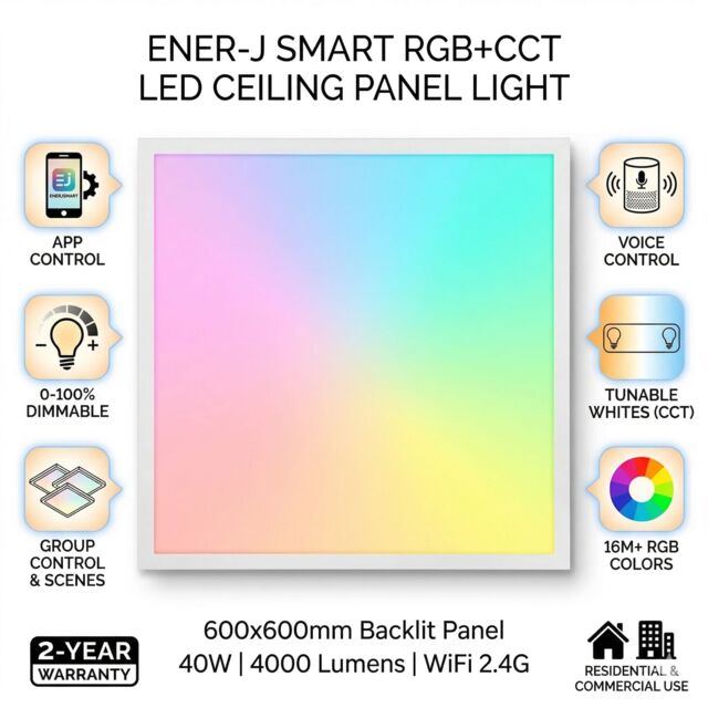 ENER-J Smart RGB CCT 4000 Lumen Backlit LED Panel 600 x 600mm White 40W - Size: 10 inches