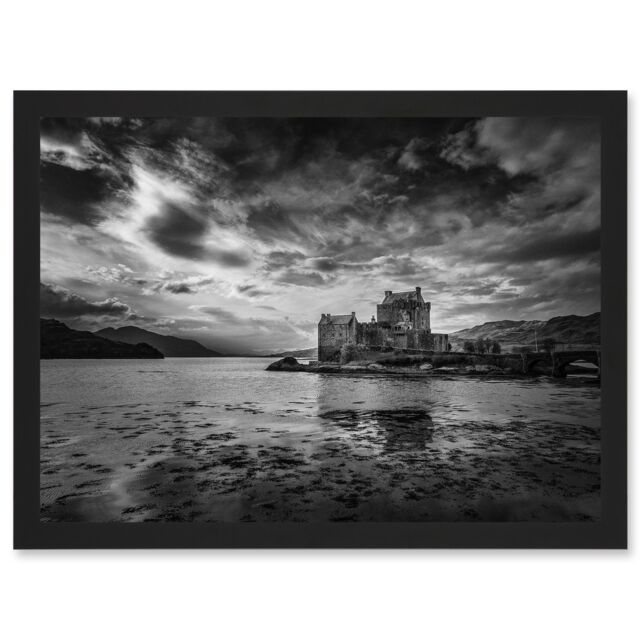 Artery8 Scottish Photo Landscape Eilean Donan Castle Scotland Black White Artwork Framed Wall Art Print A4 - image 1