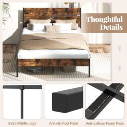 Costway King Metal Bed Frame Industrial Platform Bed w/ Wooden Headboard in Brown - thumbnail 4