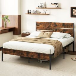 Costway King Metal Bed Frame Industrial Platform Bed w/ Wooden Headboard in Brown - thumbnail 3