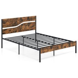 Costway King Metal Bed Frame Industrial Platform Bed w/ Wooden Headboard in Brown