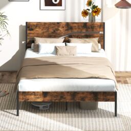 Costway King Metal Bed Frame Industrial Platform Bed w/ Wooden Headboard in Brown - thumbnail 8
