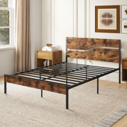 Costway King Metal Bed Frame Industrial Platform Bed w/ Wooden Headboard in Brown - thumbnail 9