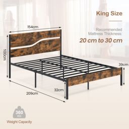 Costway King Metal Bed Frame Industrial Platform Bed w/ Wooden Headboard in Brown - thumbnail 2