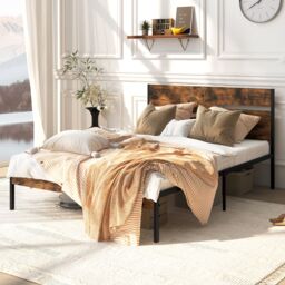 Costway King Metal Bed Frame Industrial Platform Bed w/ Wooden Headboard in Brown - thumbnail 7