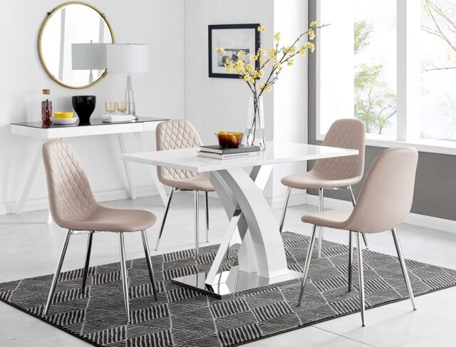 FurnitureboxUK Atlanta White High Gloss & Chrome 4 Seater Dining Table with X Shaped Legs & 4 Faux Leather Corona Chairs in Beige - image 1