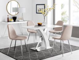 FurnitureboxUK Atlanta White High Gloss & Chrome 4 Seater Dining Table with X Shaped Legs & 4 Faux Leather Corona Chairs in Beige - thumbnail 1
