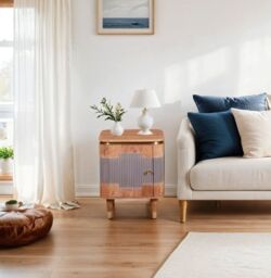 IH Design Alicia Acacia Wood Bedside Table With Storage in Grey