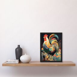 Artery8 Cockerel Cock Rooster Modern Flamboyant Colourful Painting Artwork Framed Wall Art Print A4 in Black - thumbnail 4