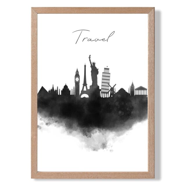 ARTZE Travel Watercolour Skyline City Framed Print SIZE: A2 with Oak Frame in Black - image 1