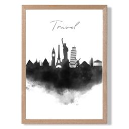 ARTZE Travel Watercolour Skyline City Framed Print SIZE: A2 with Oak Frame in Black - thumbnail 1