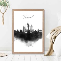 ARTZE Travel Watercolour Skyline City Framed Print SIZE: A2 with Oak Frame in Black - thumbnail 2