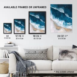 "Artery8 Waves on Beach From Above Artwork Coastal Calm Framed Art Print in Blue - Size: W12"" x H16""" - thumbnail 3