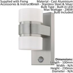 Loops 2 PACK IP44 Outdoor Wall Light & PIR Sensor Stainless Steel & Silver 6W LED in Metallics - thumbnail 2