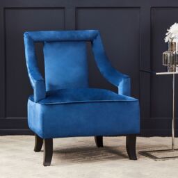 Orsina Black Velvet Accent Chair, Plush Black Velvet Upholstery with Inward-Curving Arms, Wooden-Leg Lounge Chair in Blue