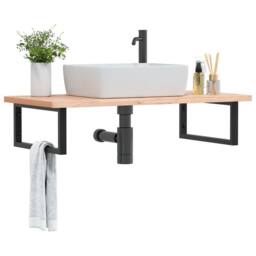 Berkfield Home Basin Shelf Wall Mounted Steel & Solid Wood Beech in Brown - thumbnail 2