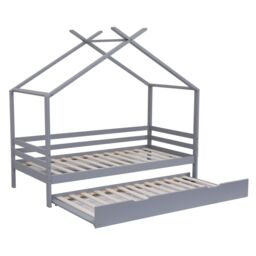 SlumberWorx Teddy Kids Childrens Wooden House Single Bed Frame w Guest Trundle Bed in Grey - thumbnail 3