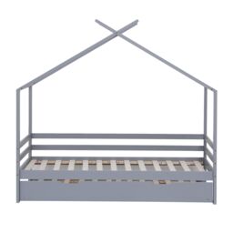 SlumberWorx Teddy Kids Childrens Wooden House Single Bed Frame w Guest Trundle Bed in Grey - thumbnail 4