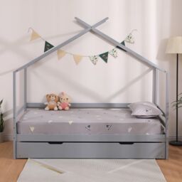 SlumberWorx Teddy Kids Childrens Wooden House Single Bed Frame w Guest Trundle Bed in Grey - thumbnail 2