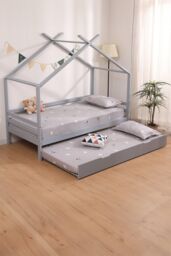 SlumberWorx Teddy Kids Childrens Wooden House Single Bed Frame w Guest Trundle Bed in Grey - thumbnail 1