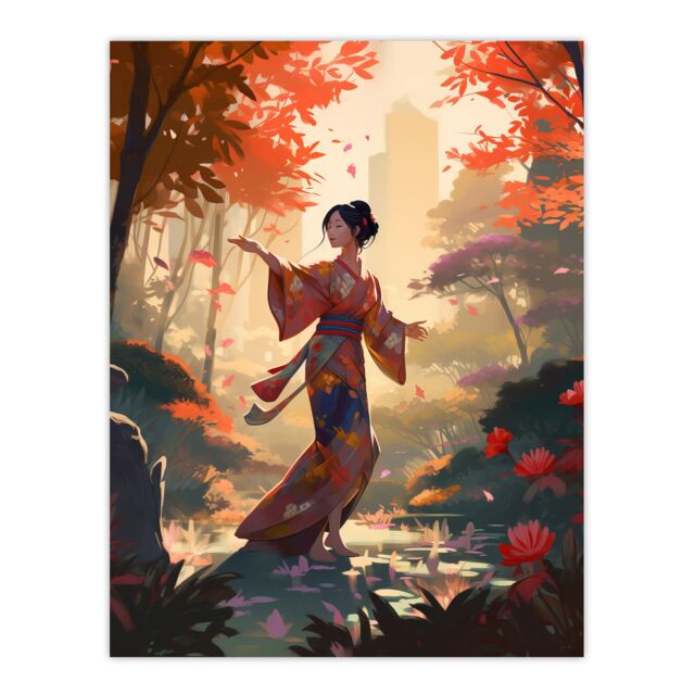 Artery8 Wall Art Print Geisha Performing Traditional Dance Warm Painting Graceful Dancing Falling Leaves Floral Japan Kimono Autumn Tree Tranquil - image 1