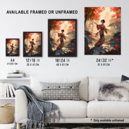 Artery8 Wall Art Print Geisha Performing Traditional Dance Warm Painting Graceful Dancing Falling Leaves Floral Japan Kimono Autumn Tree Tranquil - thumbnail 3