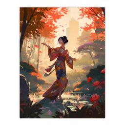 Artery8 Wall Art Print Geisha Performing Traditional Dance Warm Painting Graceful Dancing Falling Leaves Floral Japan Kimono Autumn Tree Tranquil - thumbnail 1