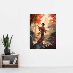 Artery8 Wall Art Print Geisha Performing Traditional Dance Warm Painting Graceful Dancing Falling Leaves Floral Japan Kimono Autumn Tree Tranquil - thumbnail 4