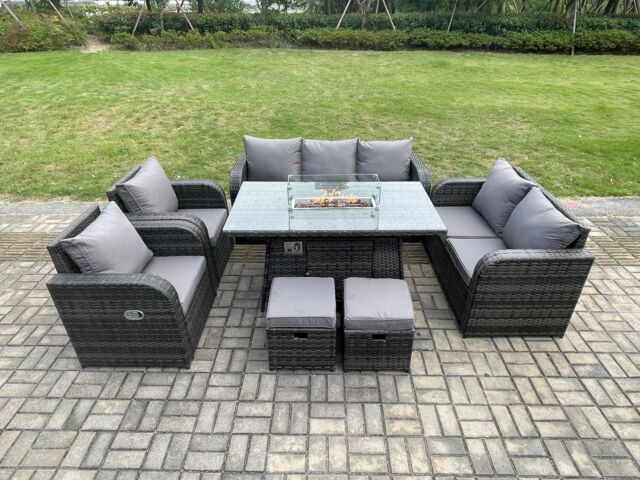 Fimous Garden Patio Furniture Wicker Rattan Gas Fire Pit Table & Sofa Chair set with 2 Small Footstools Dark Grey Mixed - image 1