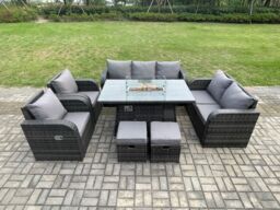 Fimous Garden Patio Furniture Wicker Rattan Gas Fire Pit Table & Sofa Chair set with 2 Small Footstools Dark Grey Mixed - thumbnail 1