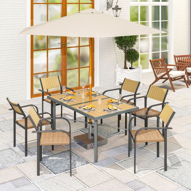 OUTSUNNY Garden Table for 6, Outdoor Dining Table with 5cm Umbrella Hole in Natural - image 1