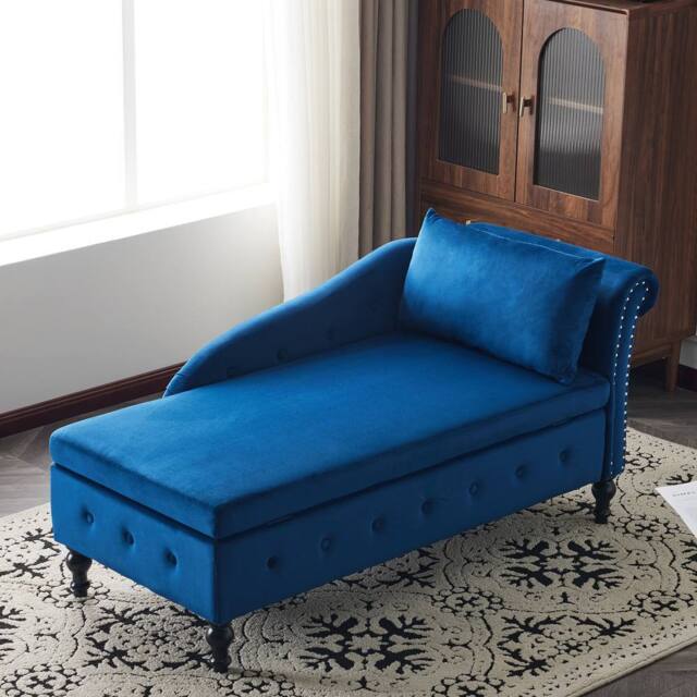 Merax Velvet Right Arm Chaise Longue Sofa with Storage, Pillow in Blue - image 1