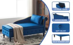 Merax Velvet Right Arm Chaise Longue Sofa with Storage, Pillow in Blue - thumbnail 8