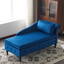 Merax Velvet Right Arm Chaise Longue Sofa with Storage, Pillow in Blue