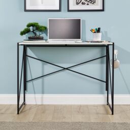 Home Source Folding Compact Desk Storage Hook Wood Metal Office Computer Table in White - thumbnail 3