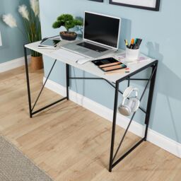 Home Source Folding Compact Desk Storage Hook Wood Metal Office Computer Table in White - thumbnail 4