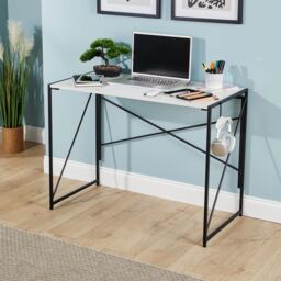 Home Source Folding Compact Desk Storage Hook Wood Metal Office Computer Table in White - thumbnail 2